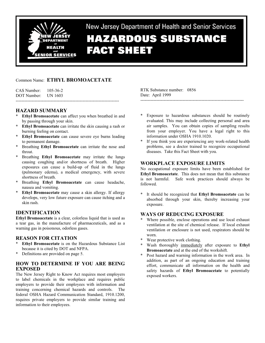 Ethyl Bromoacetate Hazard Summary Identification