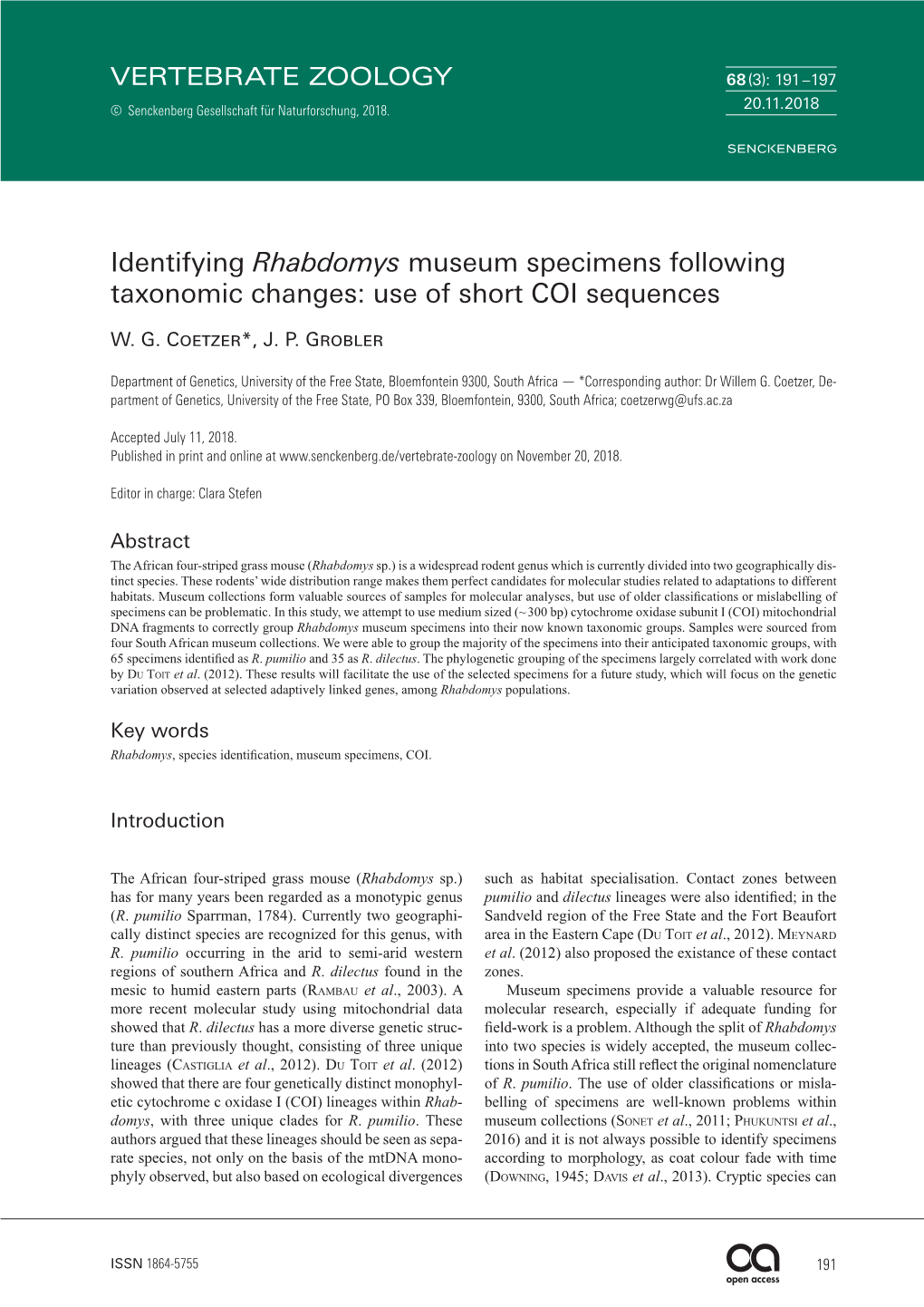 Identifying Rhabdomys Museum Specimens Following Taxonomic Changes: Use of Short COI Sequences