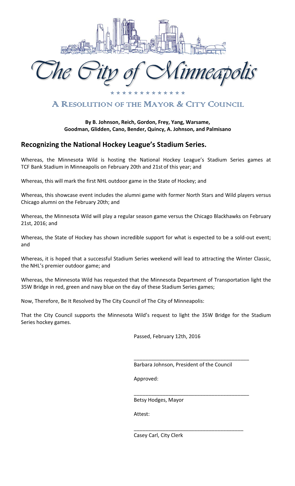 NHL Stadium Series Honorary Resolution
