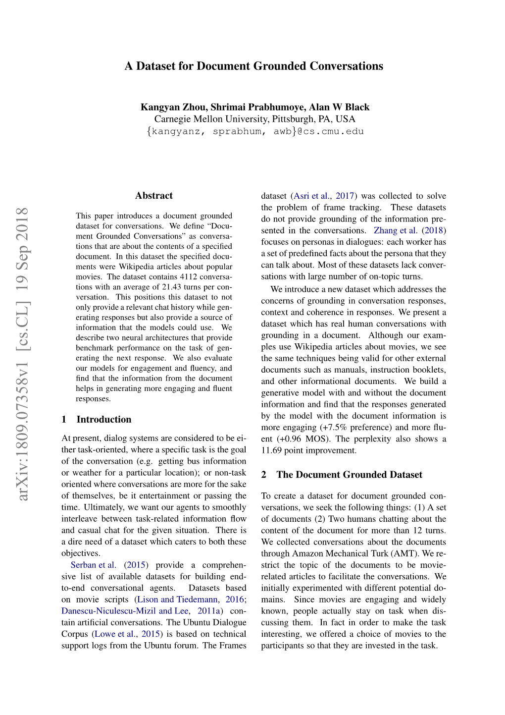 Arxiv:1809.07358V1 [Cs.CL] 19 Sep 2018 Iene Fadtstwihctr Obt These Both to Caters Is Which There Dataset Objectives