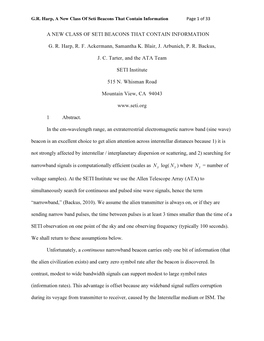 A NEW CLASS of SETI BEACONS THAT CONTAIN INFORMATION GR Harp, RF Ackermann, Samantha K. Blair, J. Arbunich, PR Backus