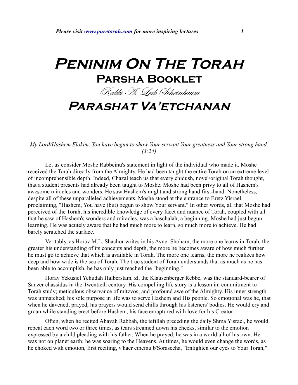 Peninim on the Torah Parsha Booklet Rabbi A