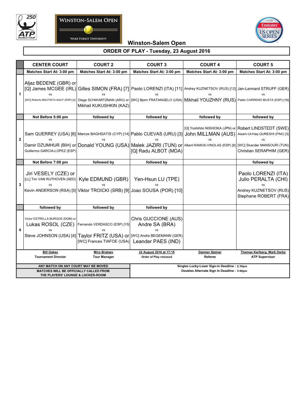 Winston-Salem Open ORDER of PLAY - Tuesday, 23 August 2016