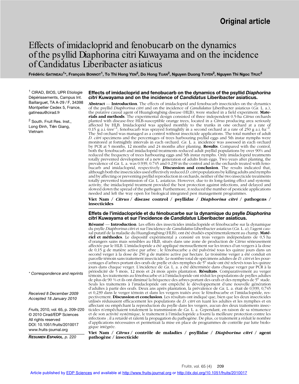 Effects of Imidacloprid and Fenobucarb on the Dynamics of the Psyllid Diaphorina Citri Kuwayama and on the Incidence of Candidat