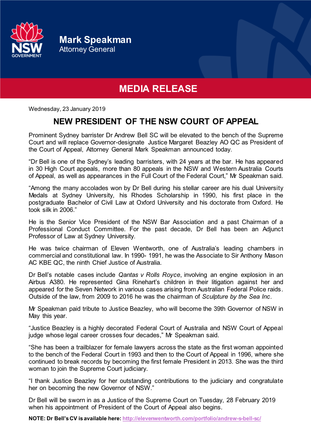 Mark Speakman MEDIA RELEASE