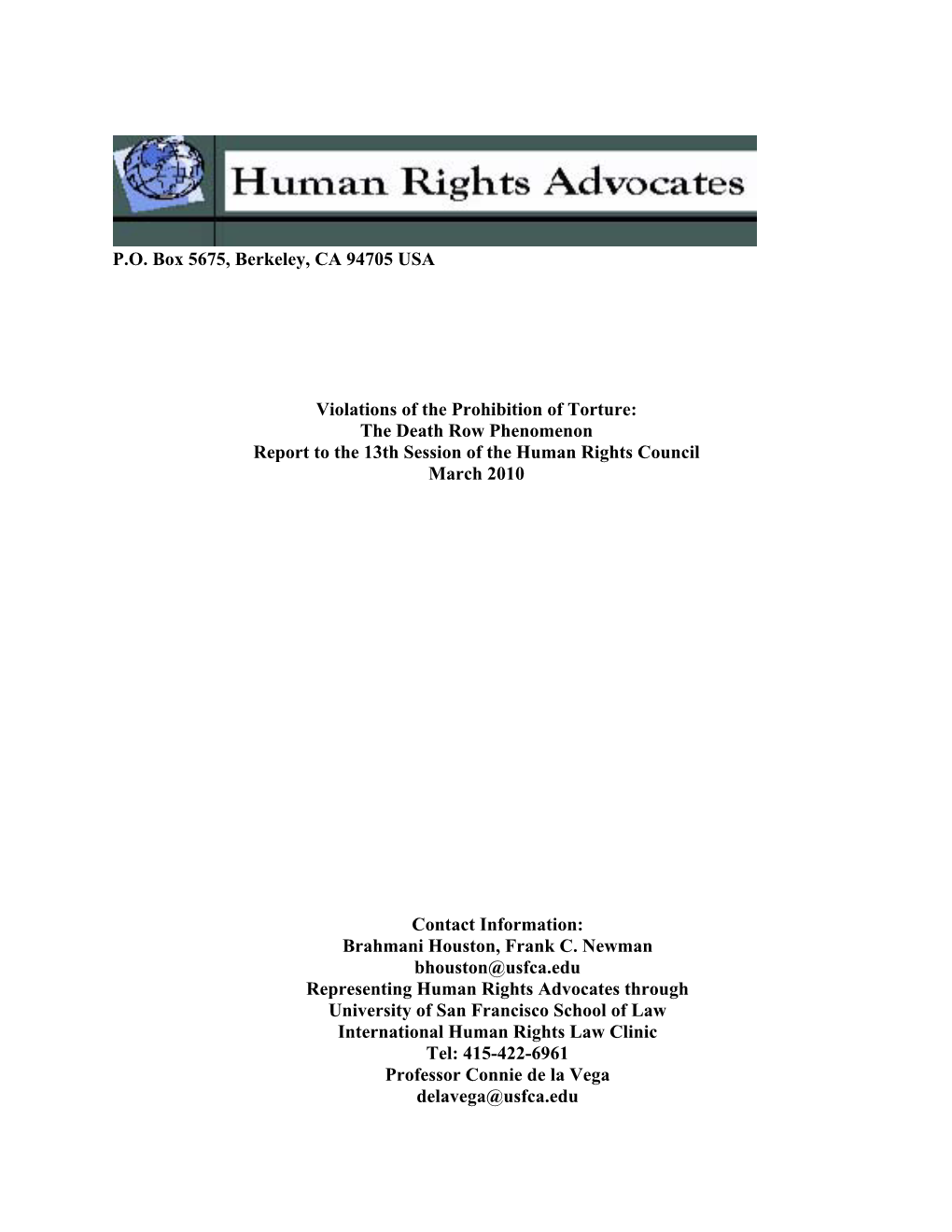 The Death Row Phenomenon Report to the 13Th Session of the Human Rights Council March 2010