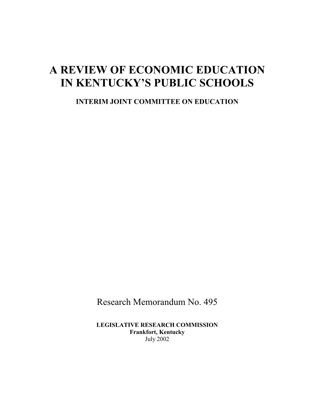 A Review of Economic Education in Kentucky's