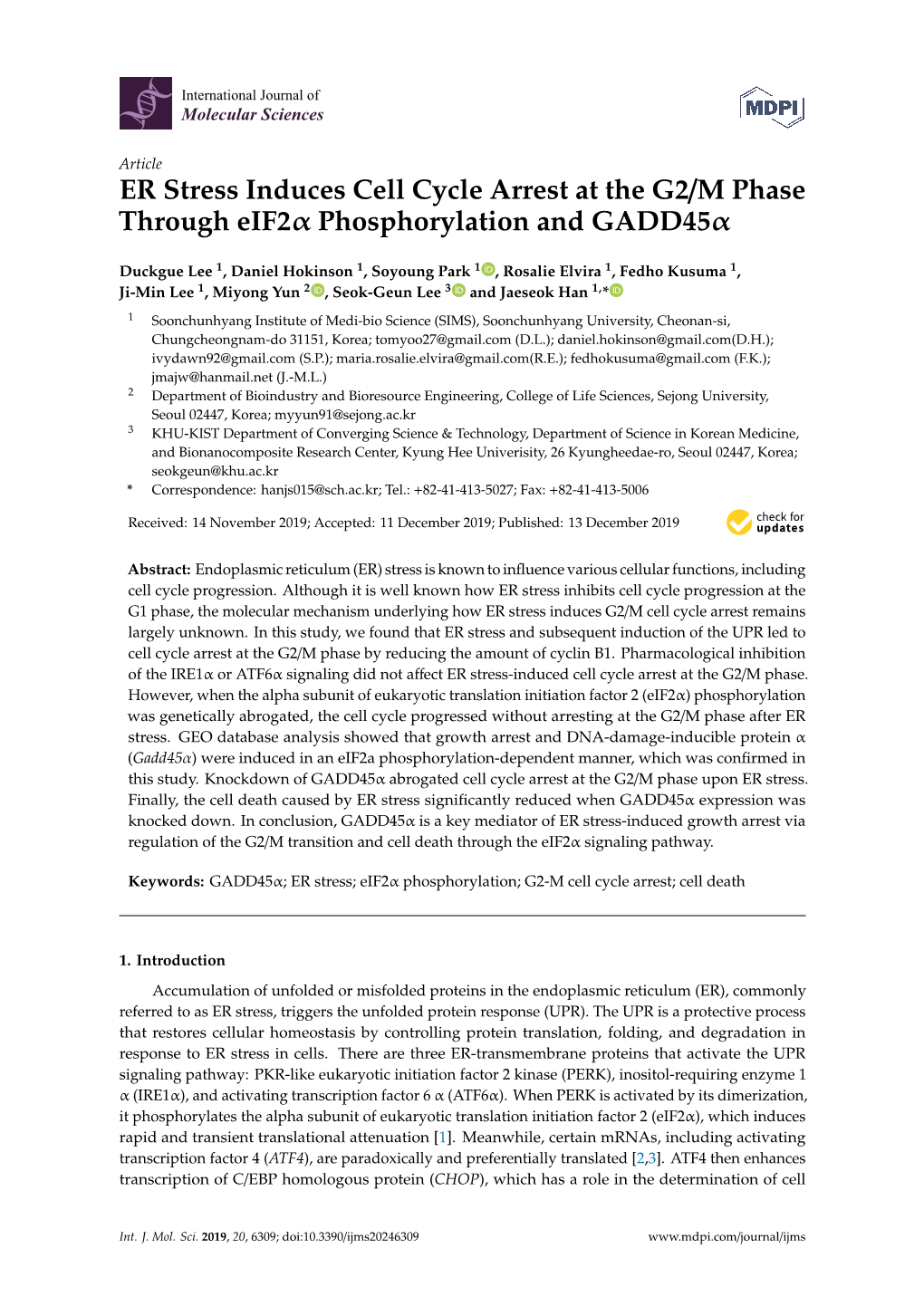 ER Stress Induces Cell Cycle Arrest at the G2/M Phase Through Eif2α Phosphorylation and Gadd45α