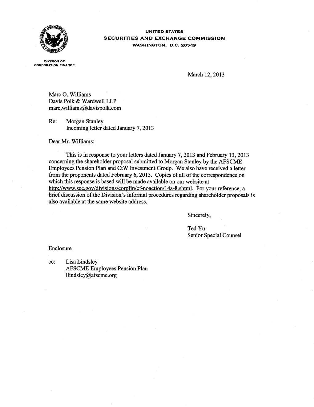 Morgan Stanley Incoming Letter Dated January 7, 2013