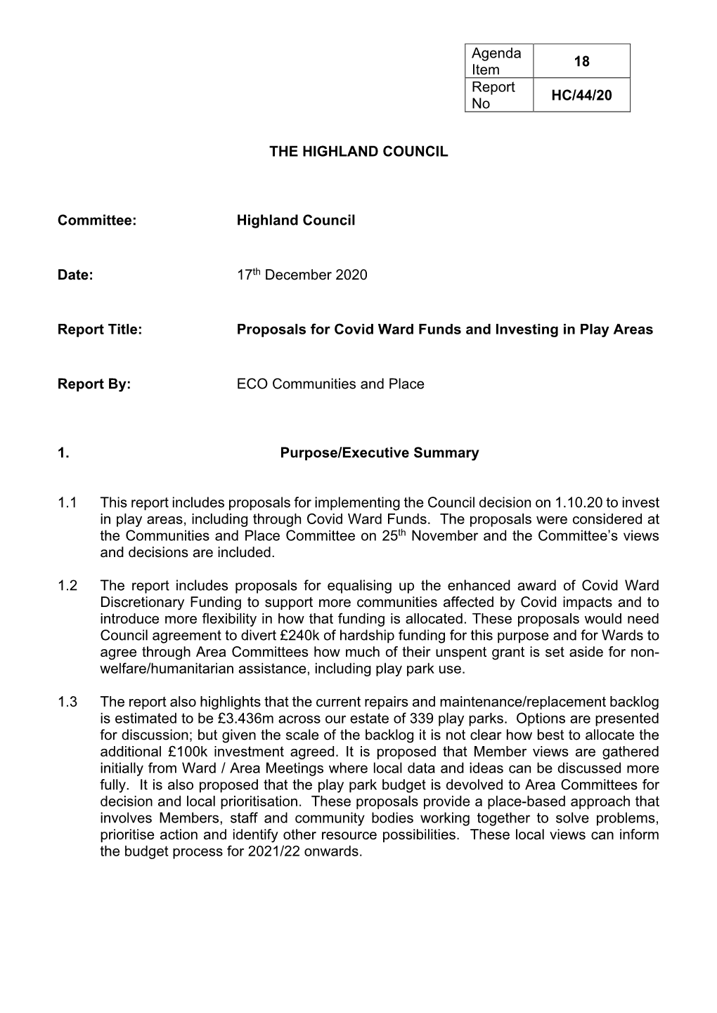 Item 18 Proposals for Covid-19 Ward Funds And