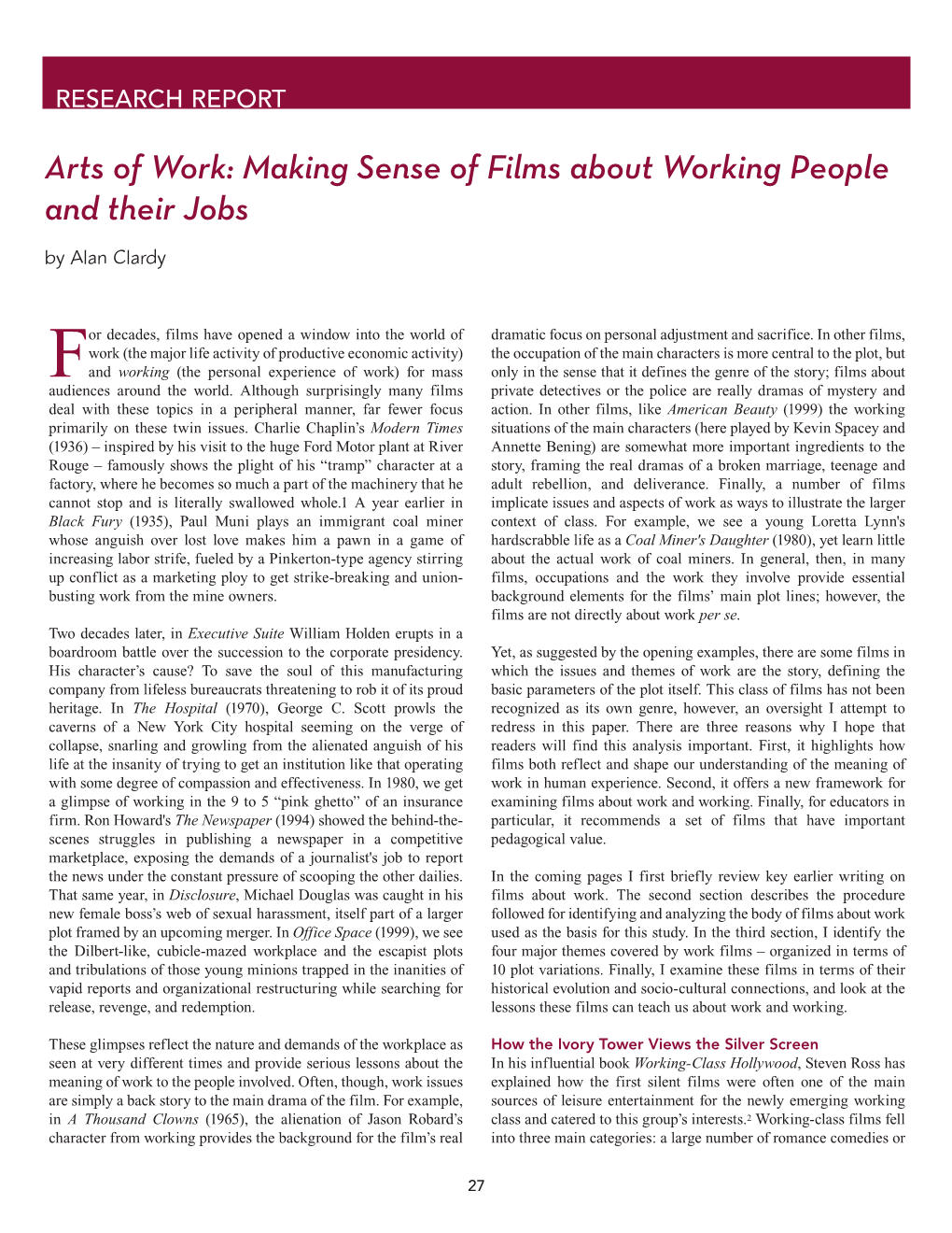 Arts of Work: Making Sense of Films About Working People and Their Jobs by Alan Clardy