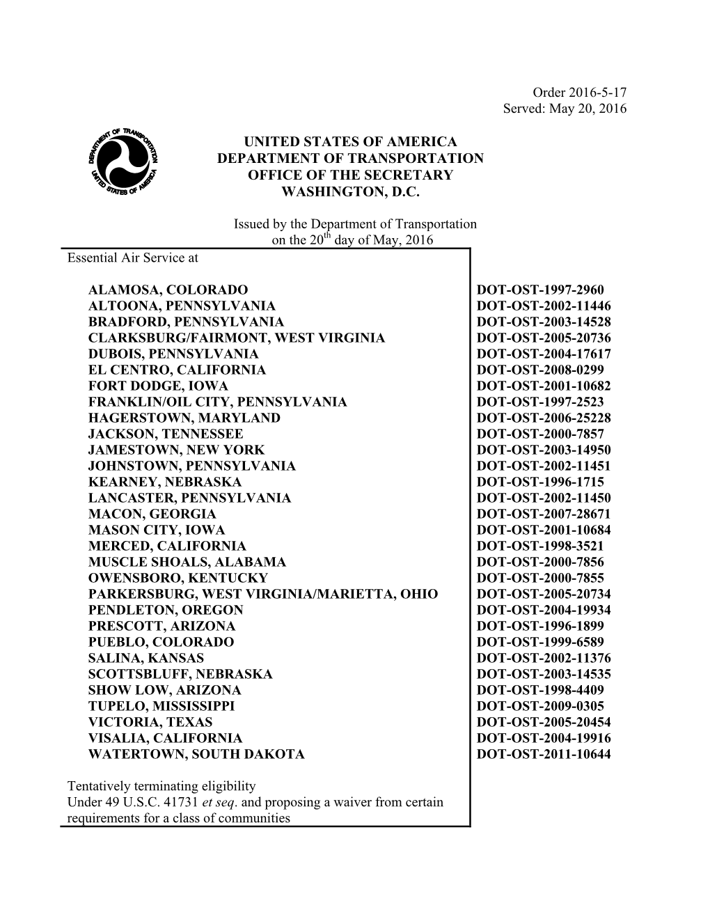 Essential Air Service at Seven Montana Communities