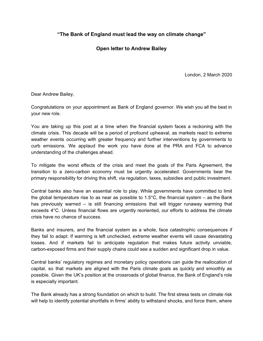 “The Bank of England Must Lead the Way on Climate Change” Open Letter