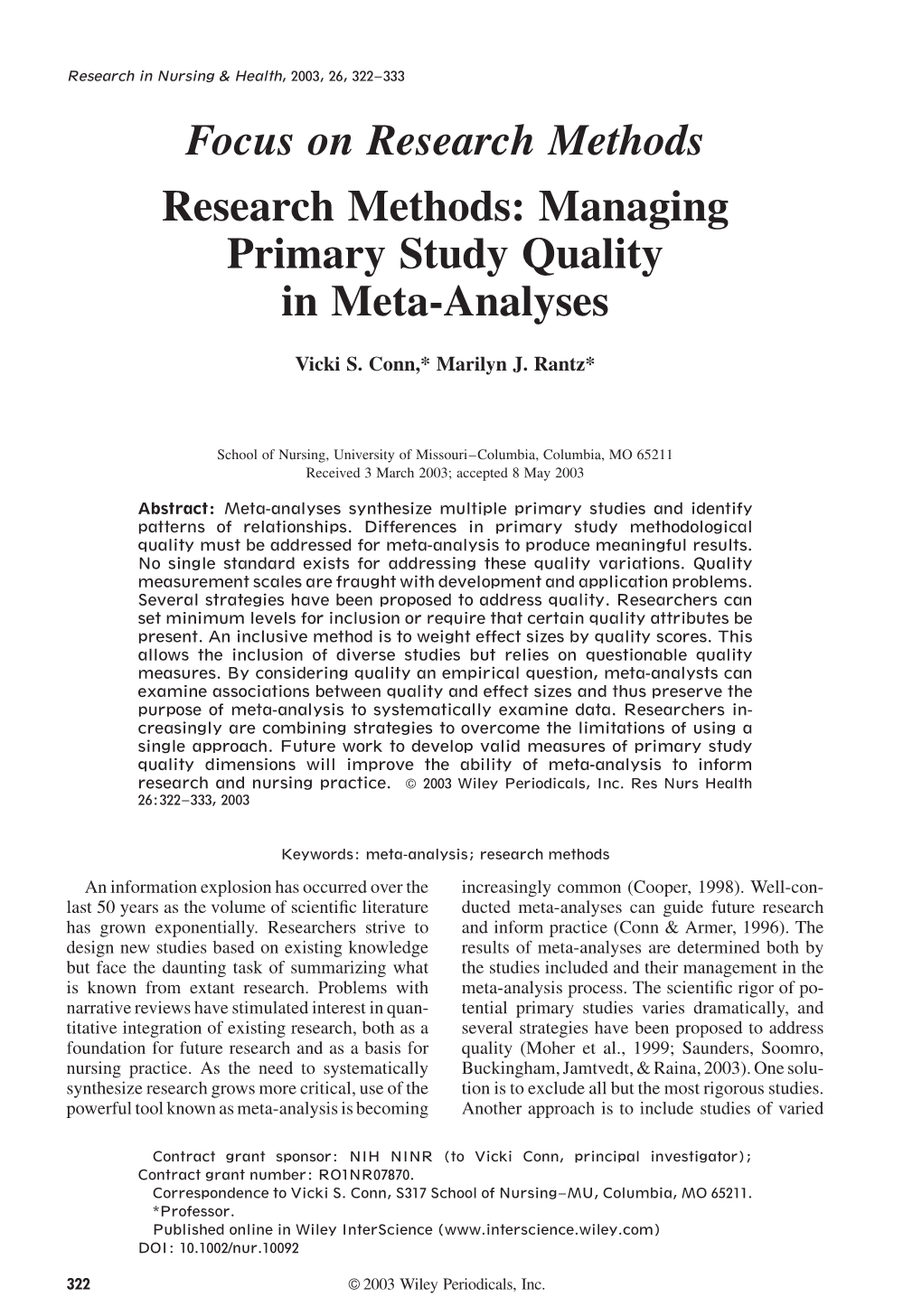 Research Methods: Managing Primary Study Quality in Meta-Analyses