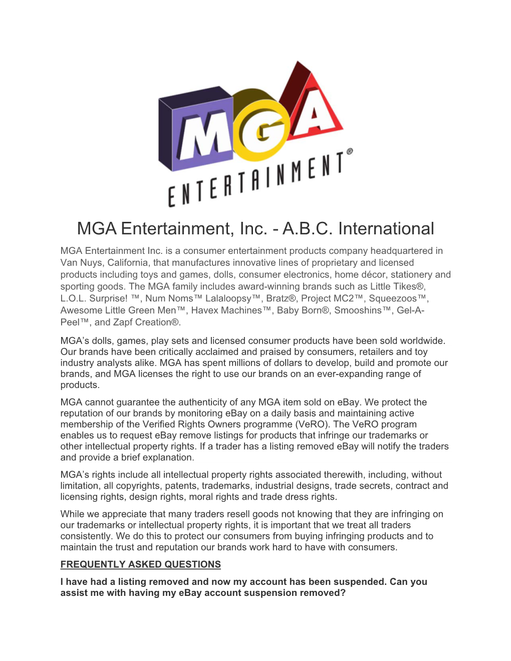 MGA Entertainment, Inc. - A.B.C