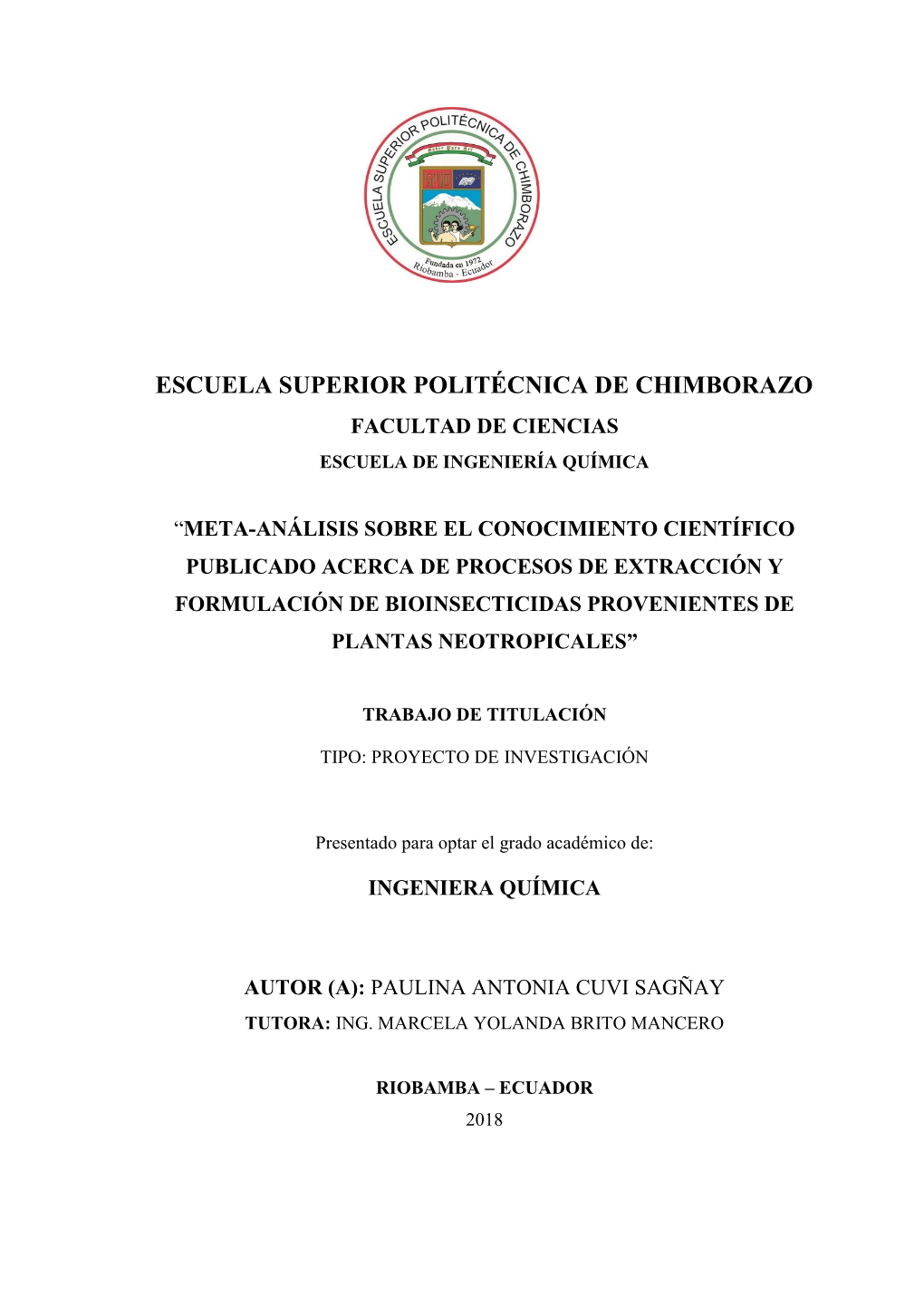 Escuela Superior Politécnica De Chimborazo Facultad De Ciencias Escuela De Ingeniería Química