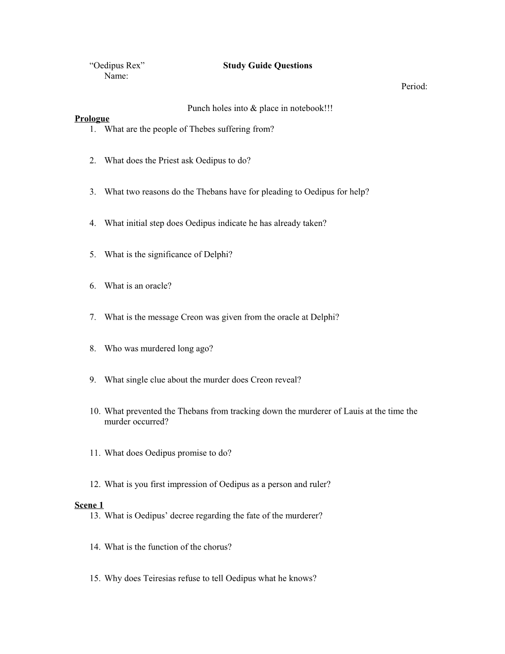 Oedipus Rex Study Guide Questions Name