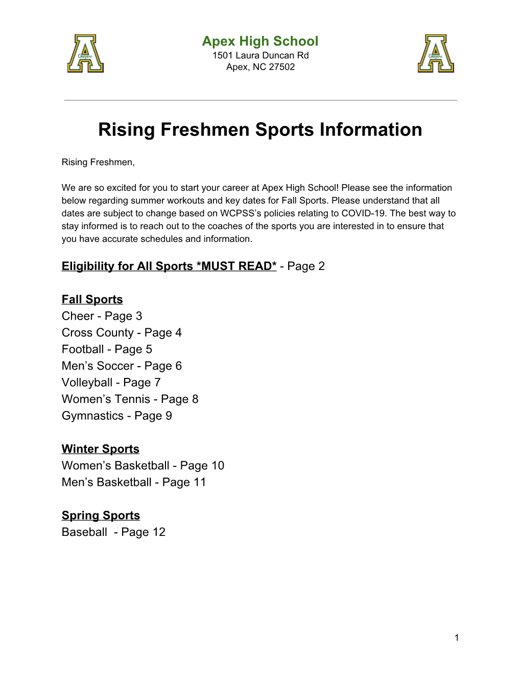 Rising Freshmen Sports Information