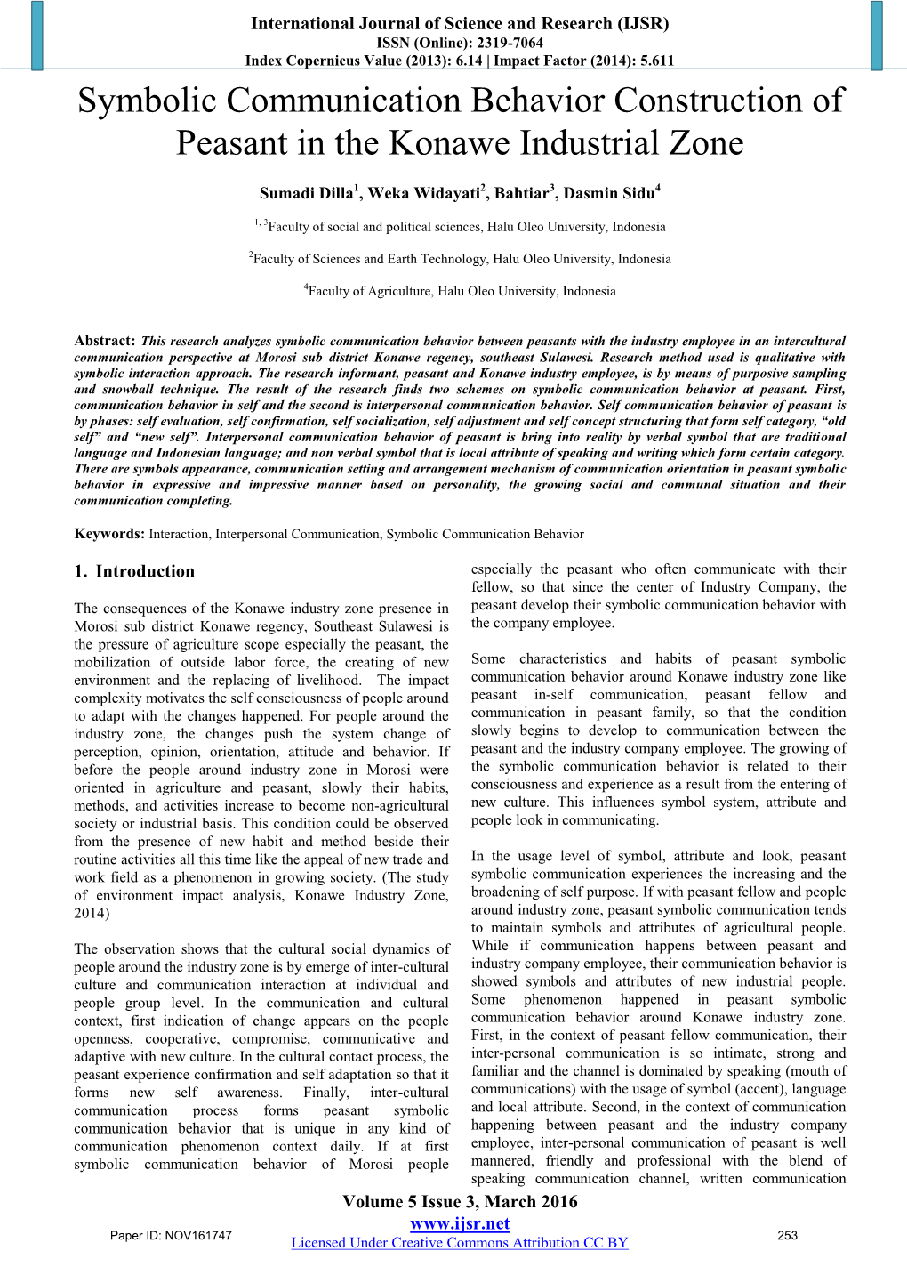 Symbolic Communication Behavior Construction of Peasant in the Konawe Industrial Zone