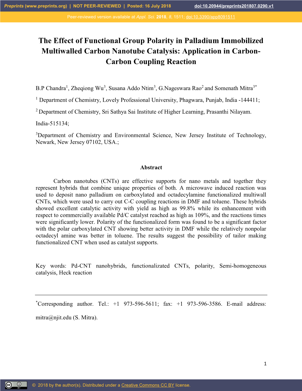 The Effect of Functional Group Polarity in Palladium Immobilized Multiwalled Carbon Nanotube Catalysis: Application in Carbon- Carbon Coupling Reaction