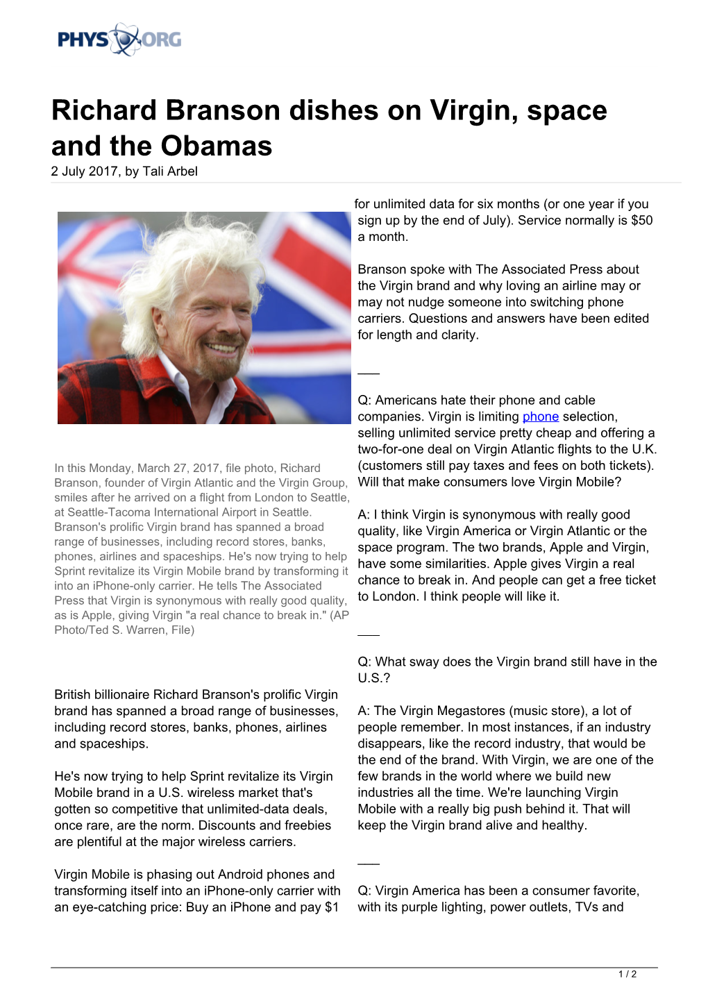 Richard Branson Dishes on Virgin, Space and the Obamas 2 July 2017, by Tali Arbel