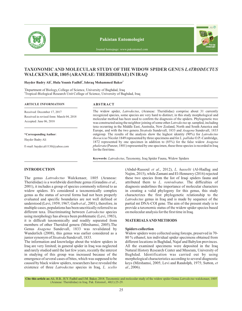 Taxonomic and Molecular Study of the Widow Spider Genus Latrodectus Walckenaer, 1805 (Araneae: Theridiidae) in Iraq