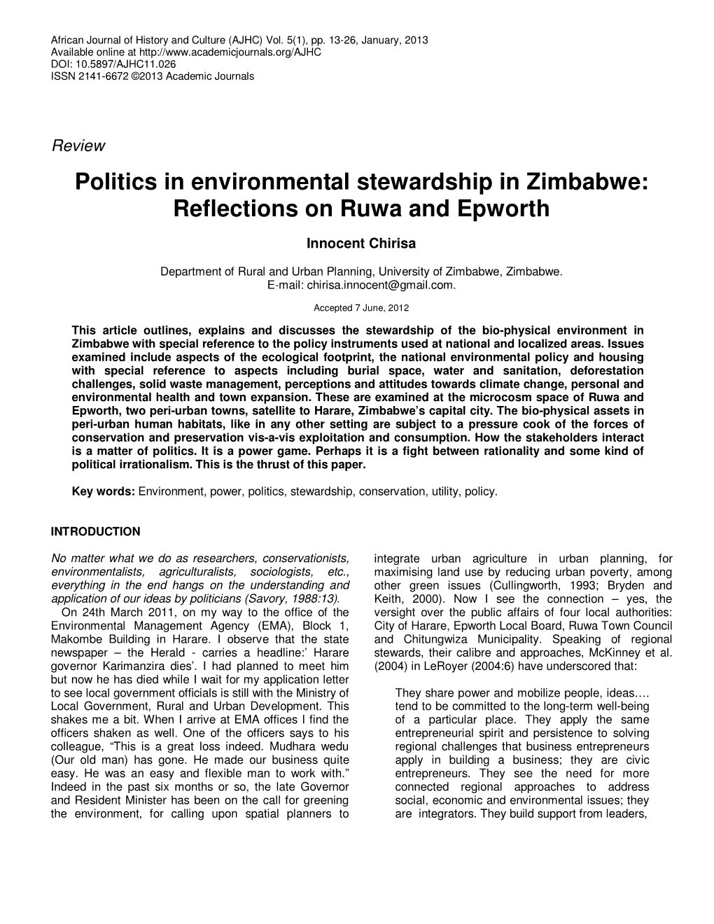 Politics in Environmental Stewardship in Zimbabwe: Reflections on Ruwa and Epworth