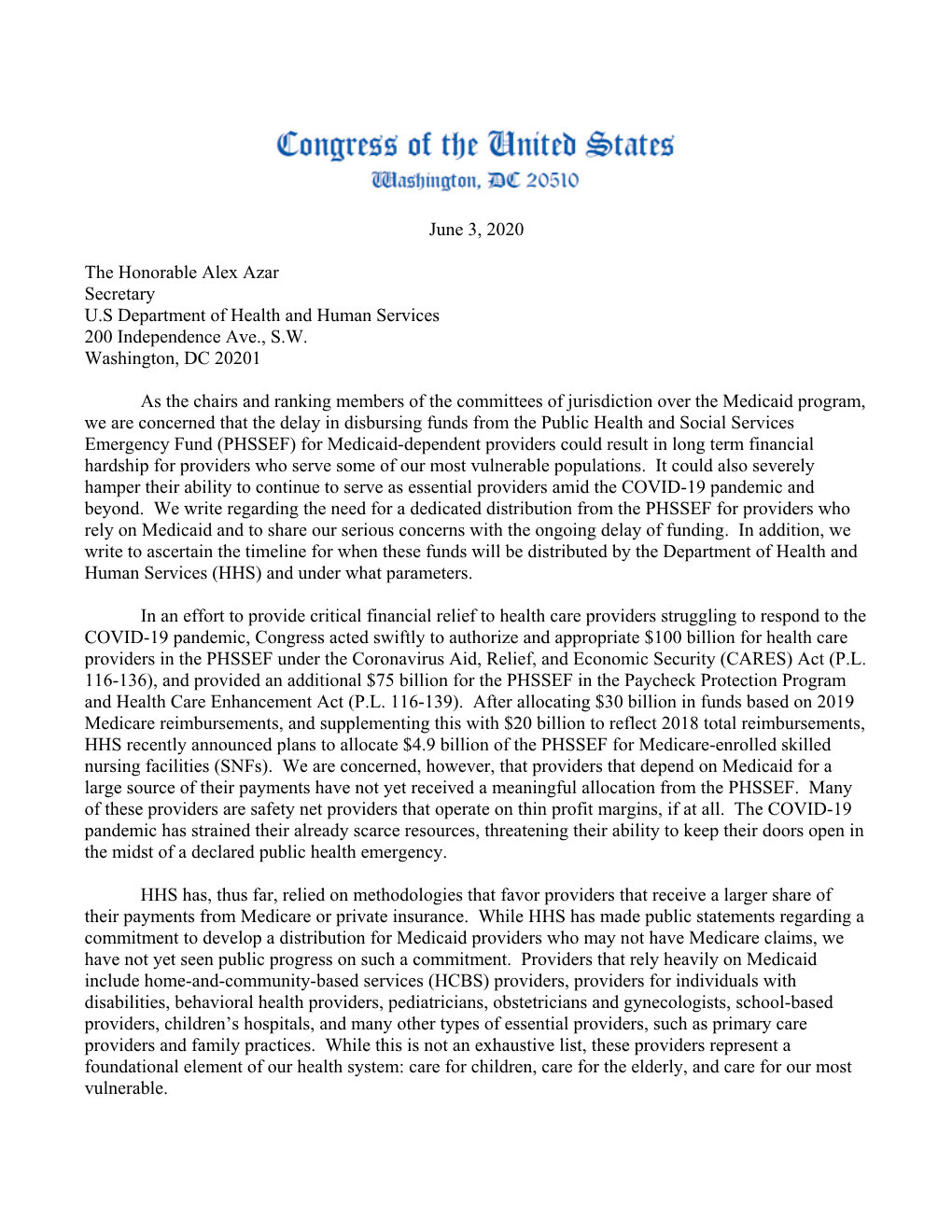 Letter to Health & Human Services (HHS) Secretary Alex Azar