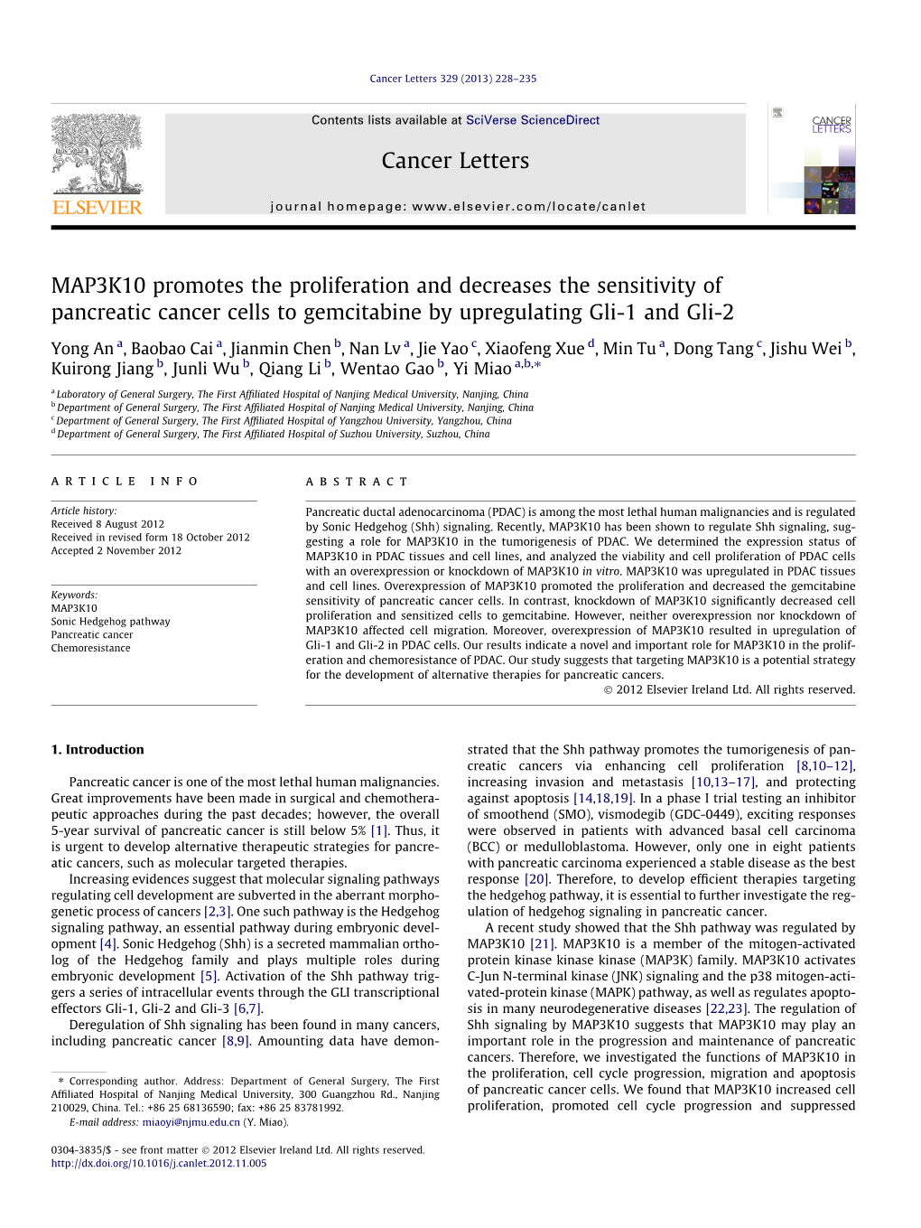 MAP3K10 Promotes the Proliferation and Decreases the Sensitivity of Pancreatic Cancer Cells to Gemcitabine by Upregulating Gli-1 and Gli-2