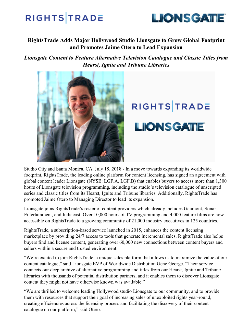 Rightstrade Adds Major Hollywood Studio Lionsgate to Grow Global