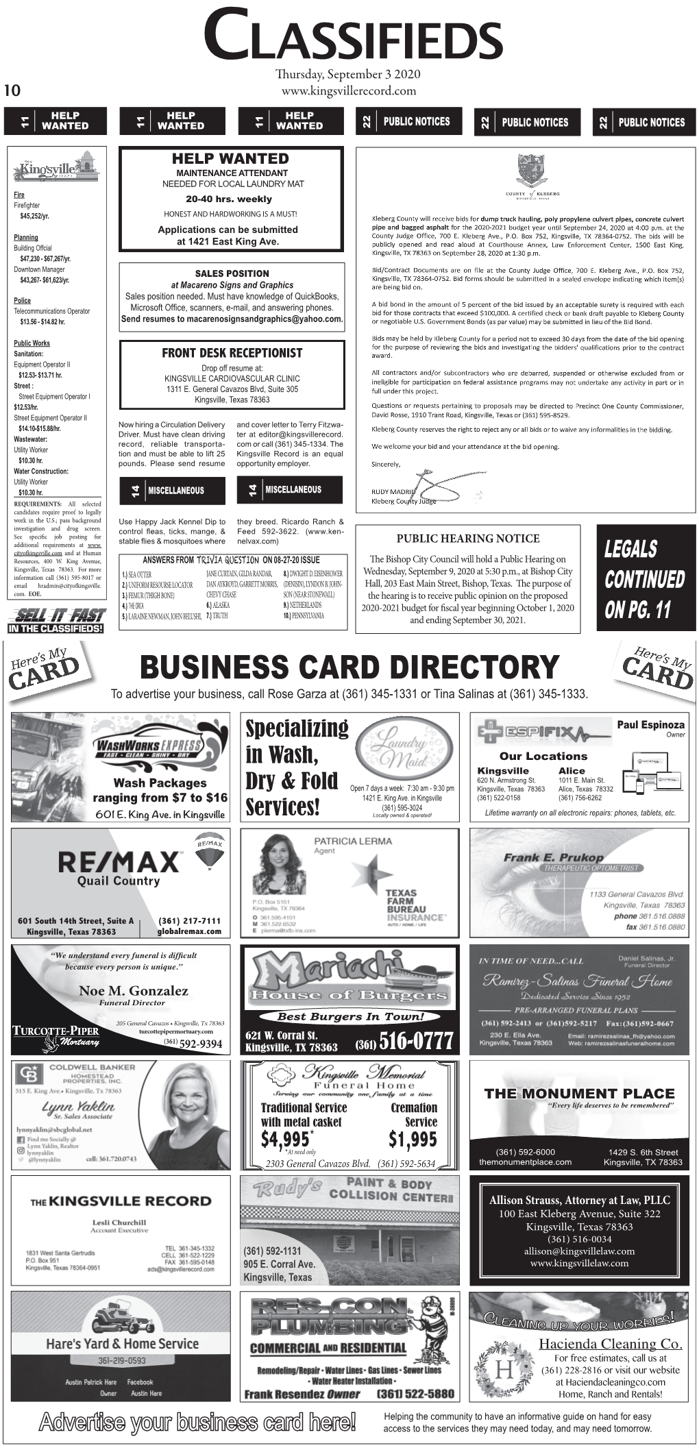 Classifieds Thursday, September 3 2020 10