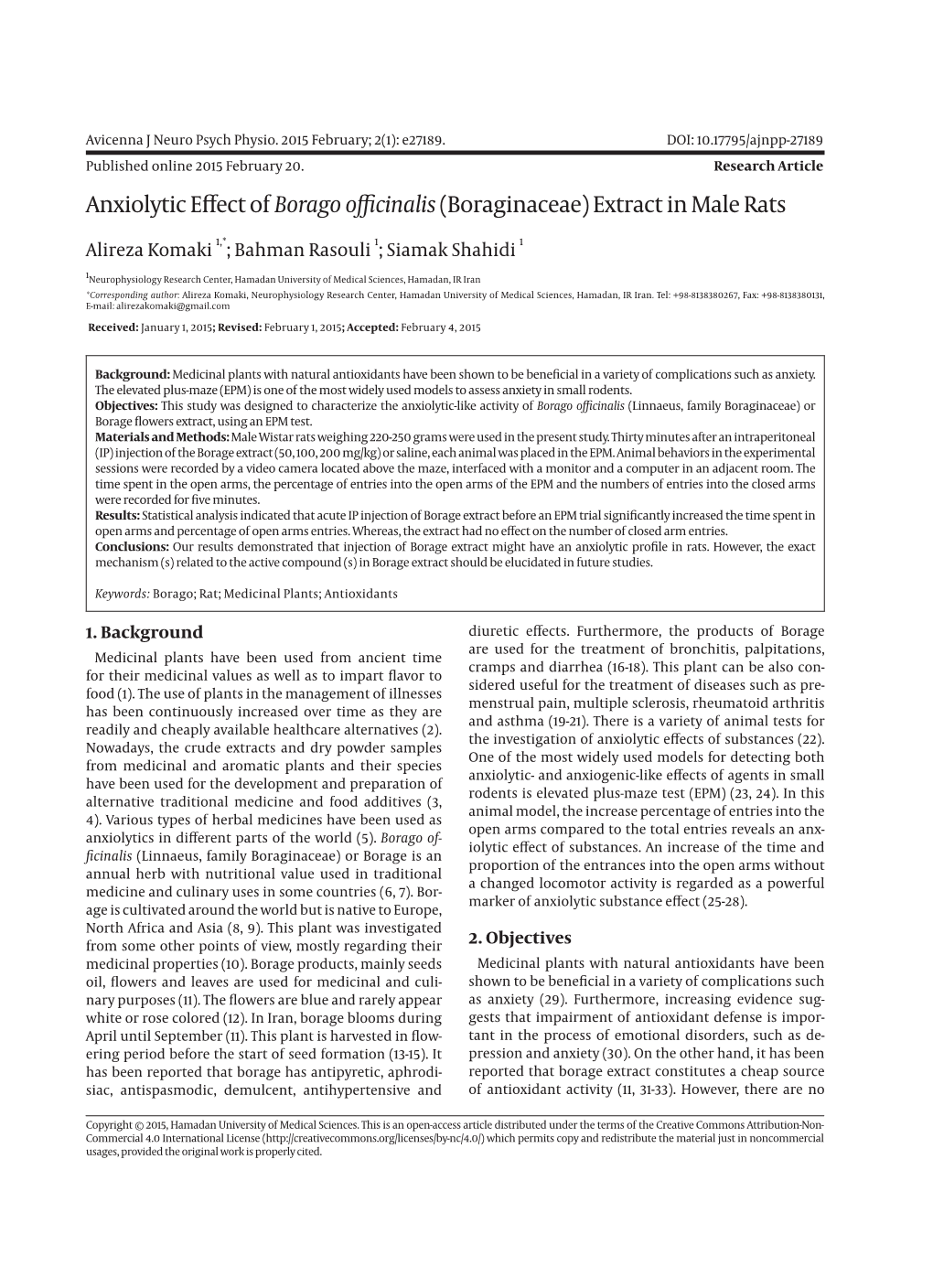 Anxiolytic Effect of Borago Officinalis(Boraginaceae) Extract In