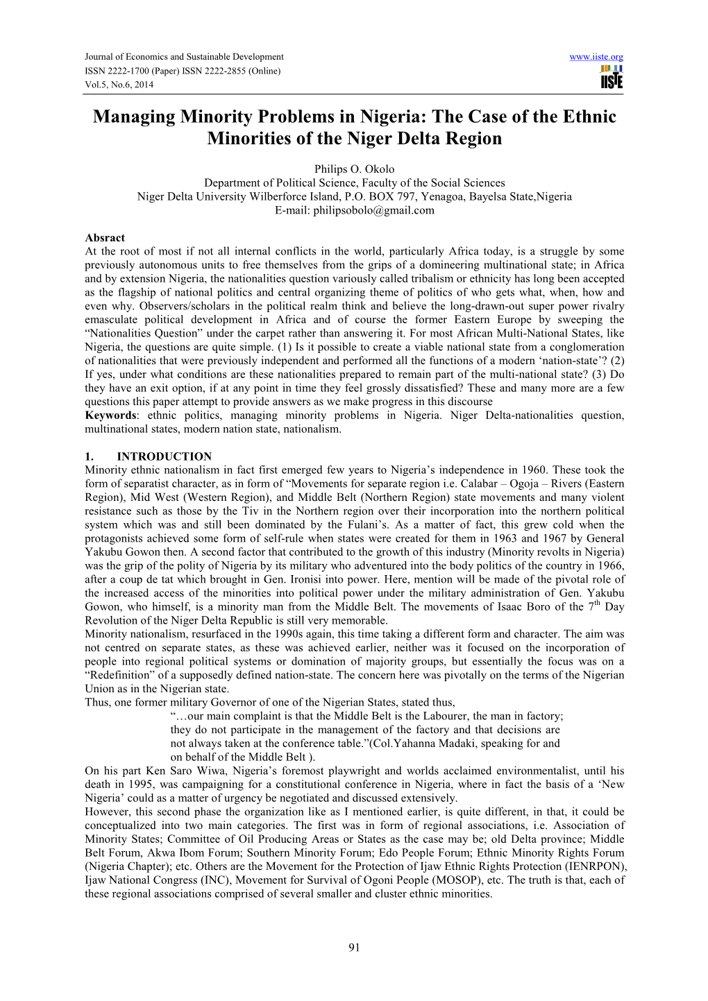 Managing Minority Problems in Nigeria: the Case of the Ethnic Minorities of the Niger Delta Region