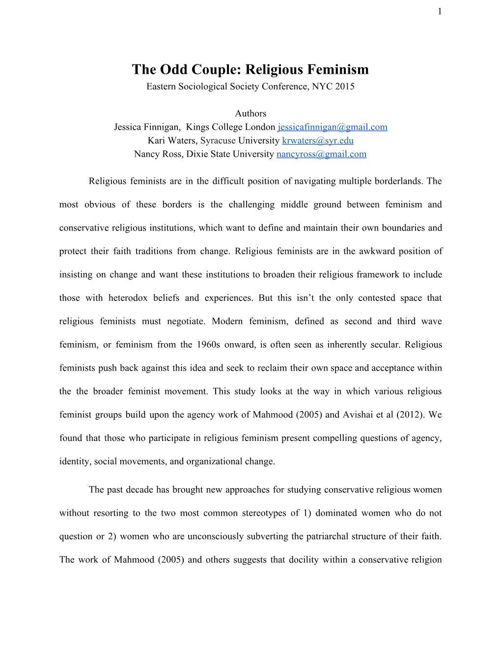 The Odd Couple: Religious Feminism Eastern Sociological Society Conference, NYC 2015
