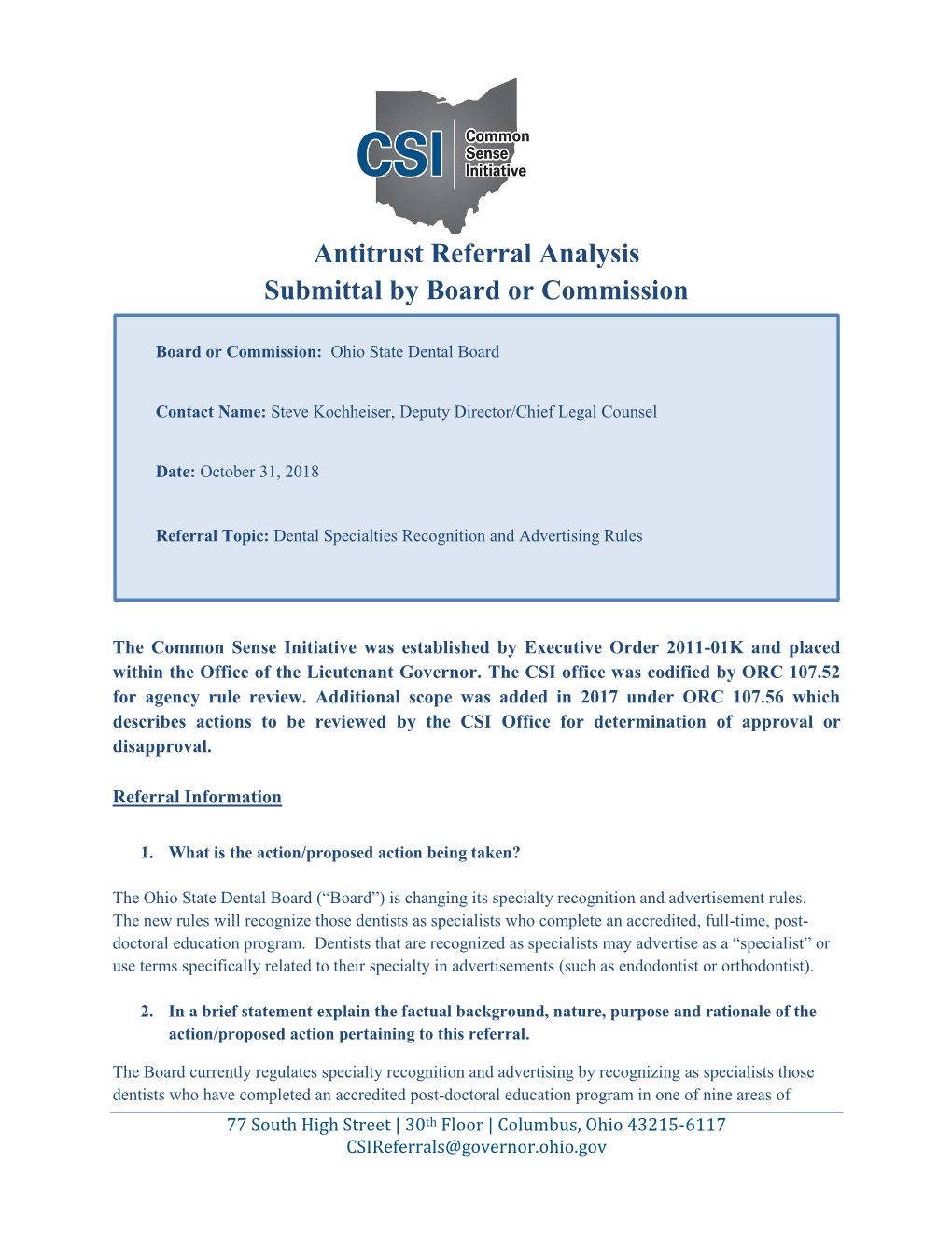 Antitrust Referral Analysis Submittal by Board Or Commission