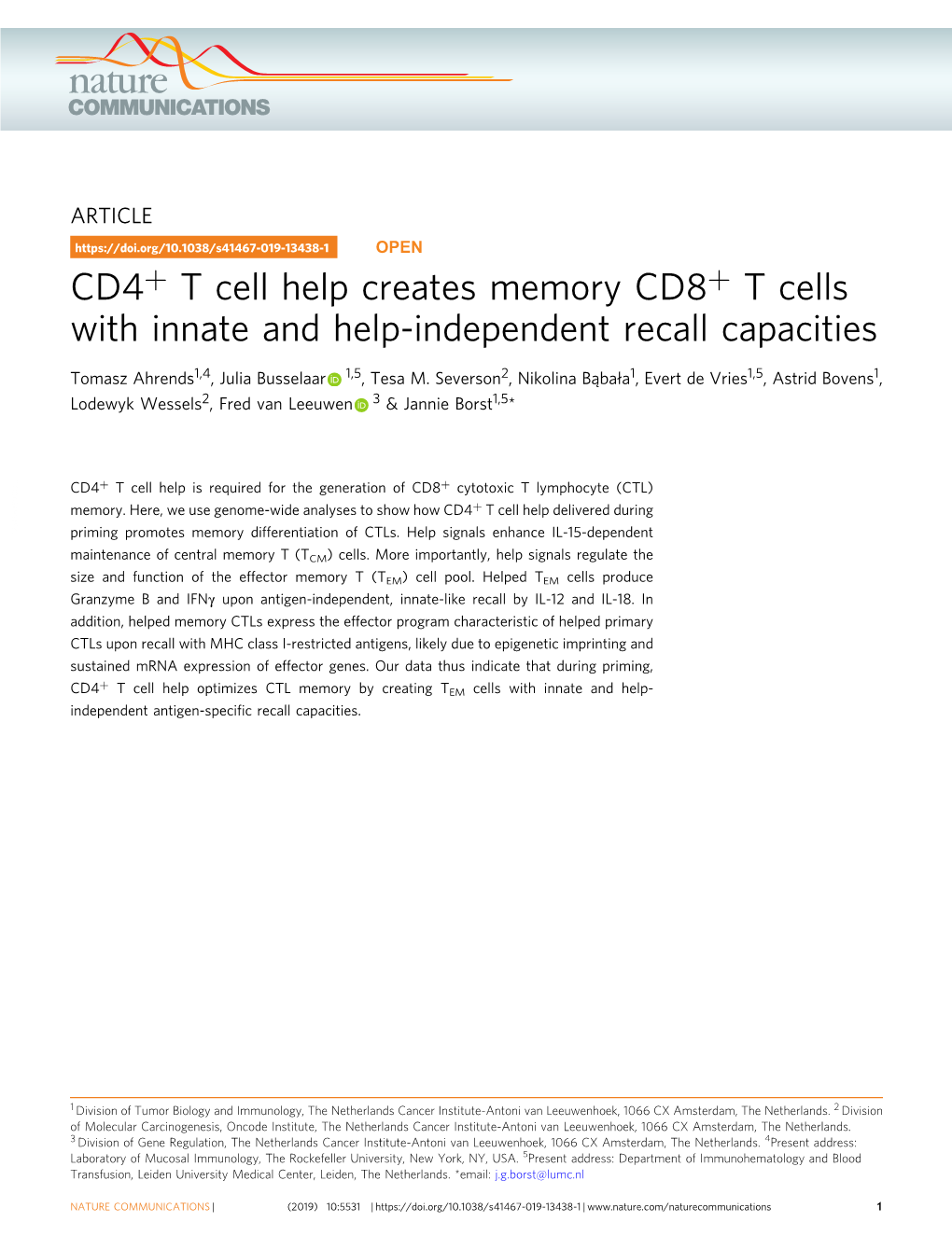 CD4+ T Cell Help Creates Memory CD8+ T Cells with Innate and Help-Independent Recall Capacities