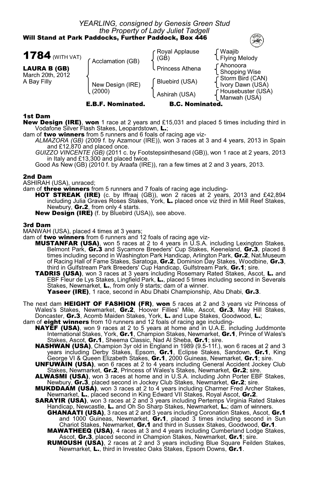 YEARLING, Consigned by Genesis Green Stud the Property of Lady Juliet Tadgell Will Stand at Park Paddocks, Further Paddock, Box 446