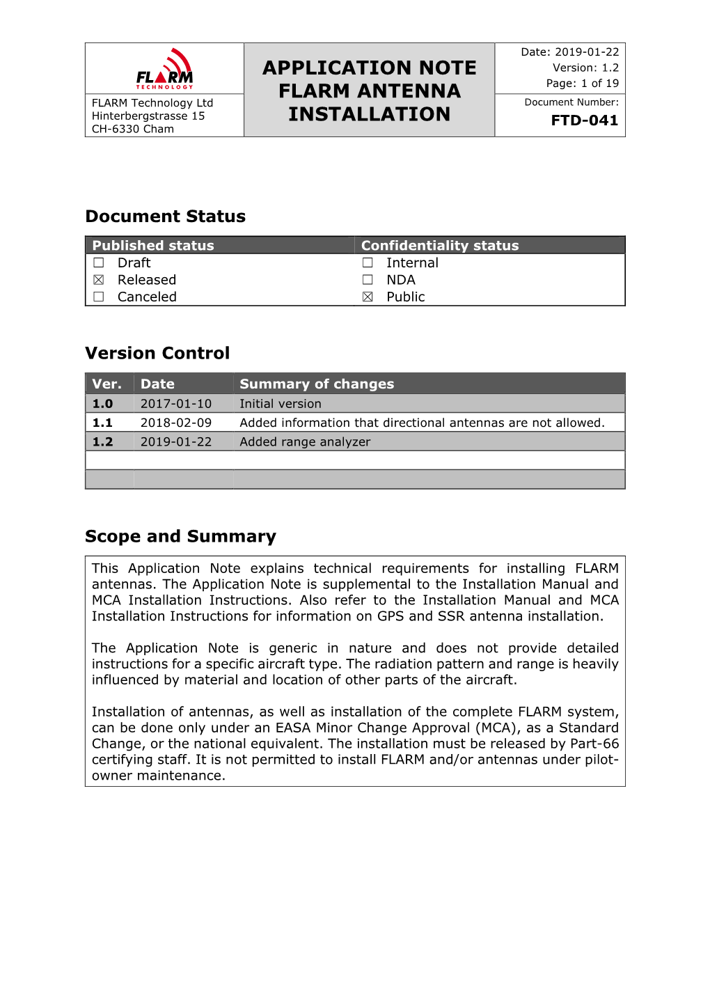 FTD-041 Application Note FLARM Antenna Installation