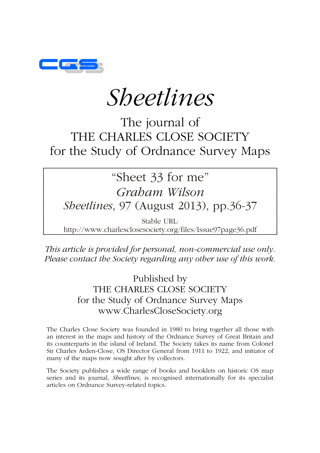 Sheet 33 for Me” Graham Wilson Sheetlines, 97 (August 2013), Pp.36-37 Stable URL