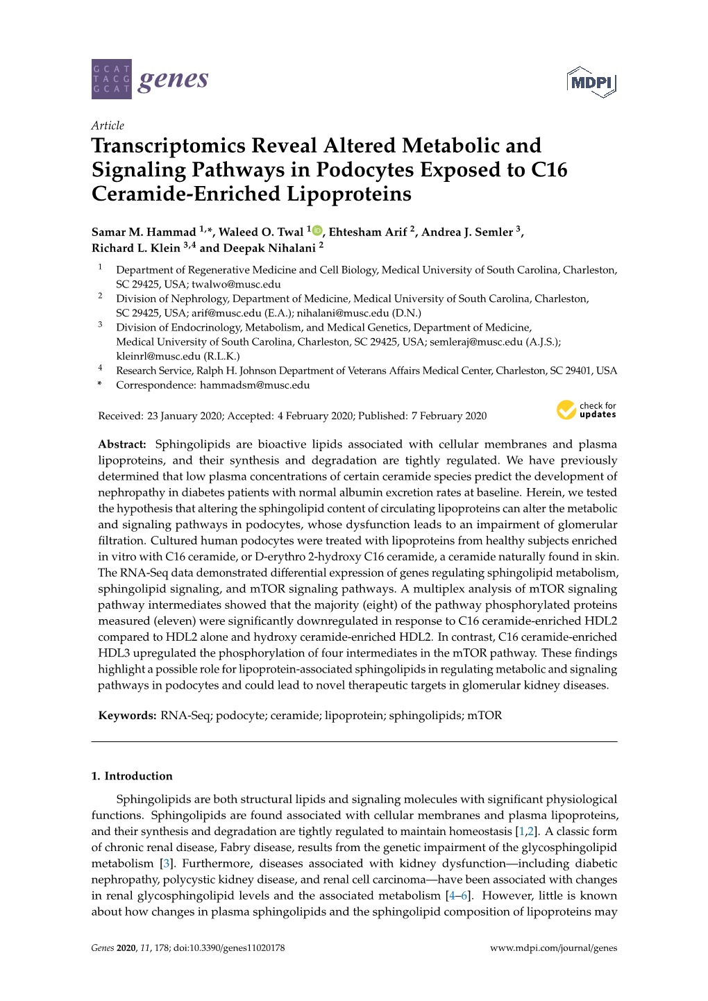 Transcriptomics Reveal Altered Metabolic and Signaling Pathways in Podocytes Exposed to C16 Ceramide-Enriched Lipoproteins