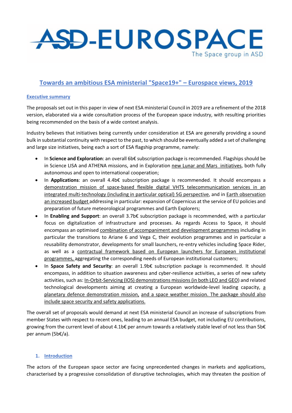 Towards an Ambitious ESA Ministerial "Space19+" – Eurospace Views, 2019