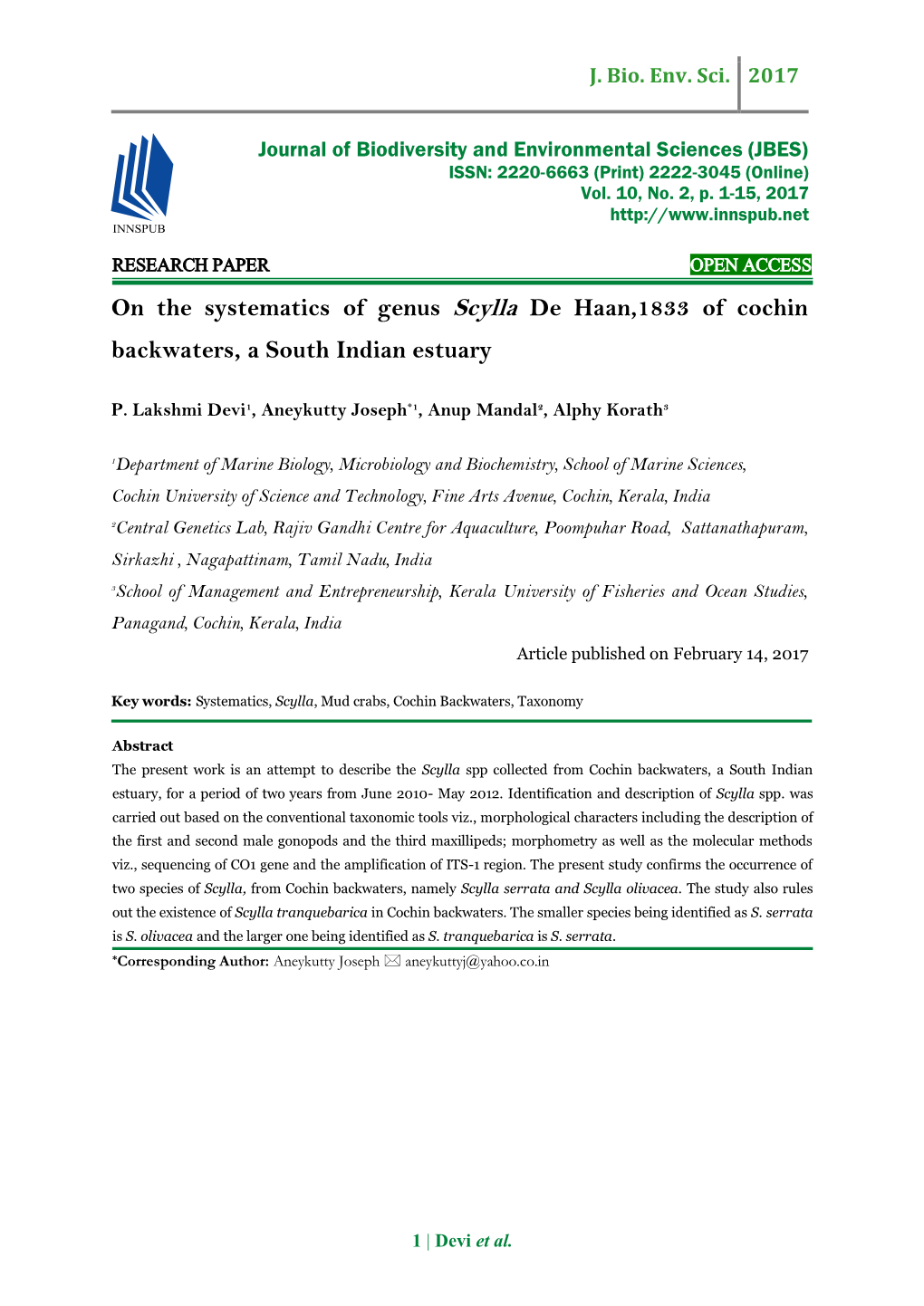 On the Systematics of Genus Scylla De Haan,1833 of Cochin Backwaters, a South Indian Estuary