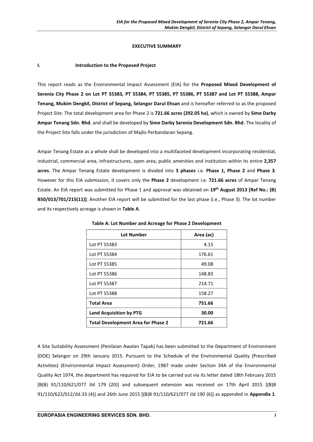 EXECUTIVE SUMMARY I. Introduction to the Proposed Project This Report