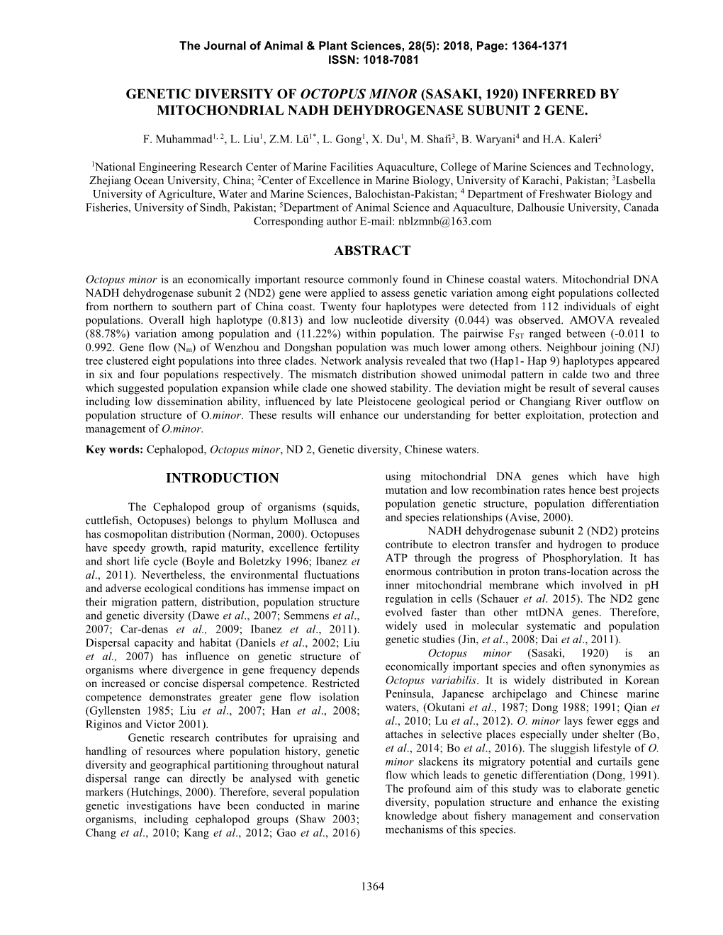 Genetic Diversity of Octopus Minor (Sasaki, 1920) Inferred by Mitochondrial Nadh Dehydrogenase Subunit 2 Gene