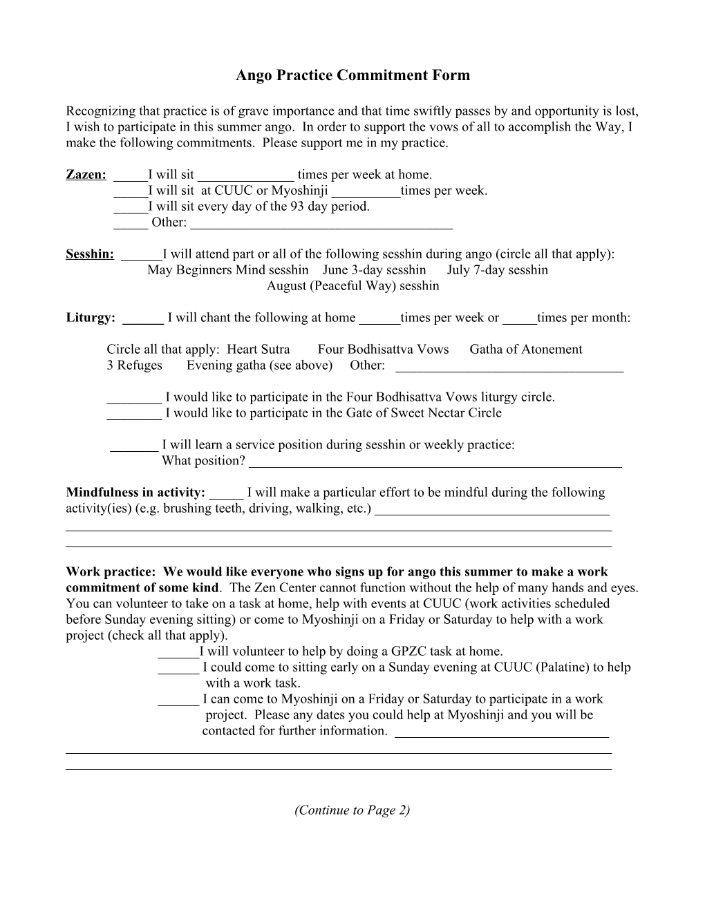 Ango Practice Commitment Form