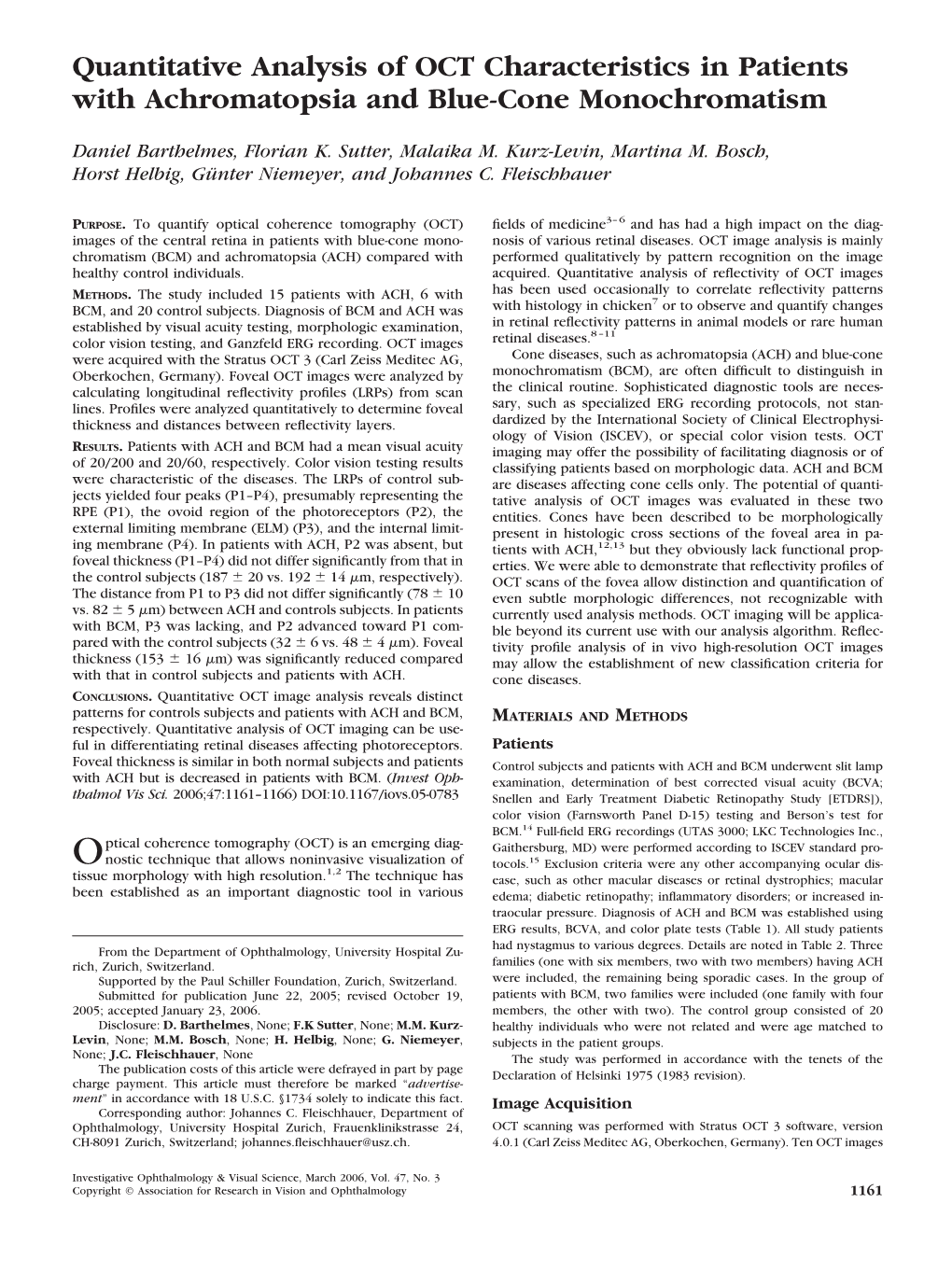 Quantitative Analysis of OCT Characteristics in Patients with Achromatopsia and Blue-Cone Monochromatism