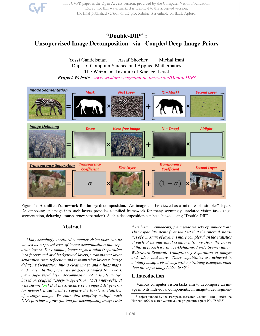 "Double-DIP": Unsupervised Image Decomposition Via Coupled Deep