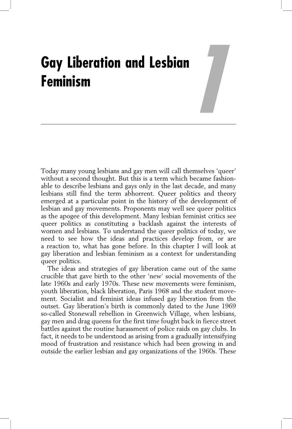 Gay Liberation and Lesbian Feminism 1