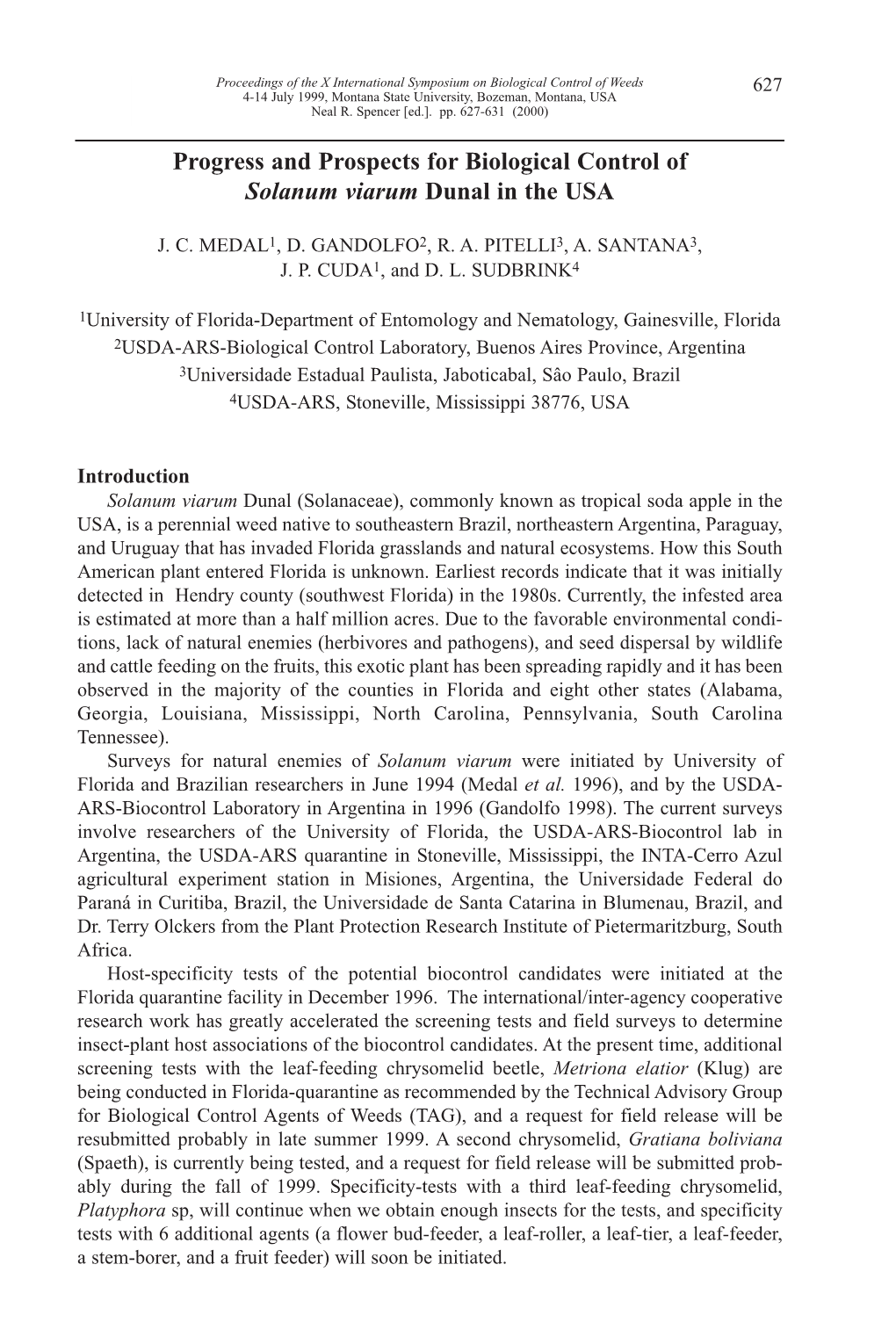 Progress and Prospects for Biological Control of Solanum Viarum Dunal in the USA