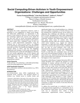 Social Computing-Driven Activism in Youth Empowerment Organizations: Challenges and Opportunities Farnaz Irannejad Bisafar1, Lina Itzel Martinez2, Andrea G